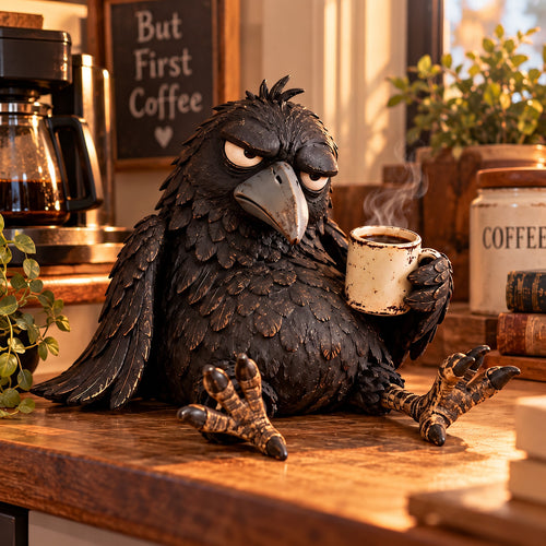 Grumpy Coffee Raven Figurine – Funny Morning Decor