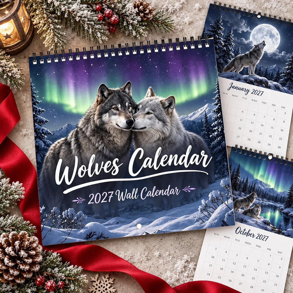 Wolves Calendar 2027 Wall Calendar โ Northern Lights Wolf Calendar, Snow Mountain Wildlife Decor, Gift for Wolf Lovers