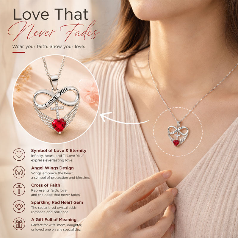 I Love You Forever Heart Angel Wing Cross Necklace
