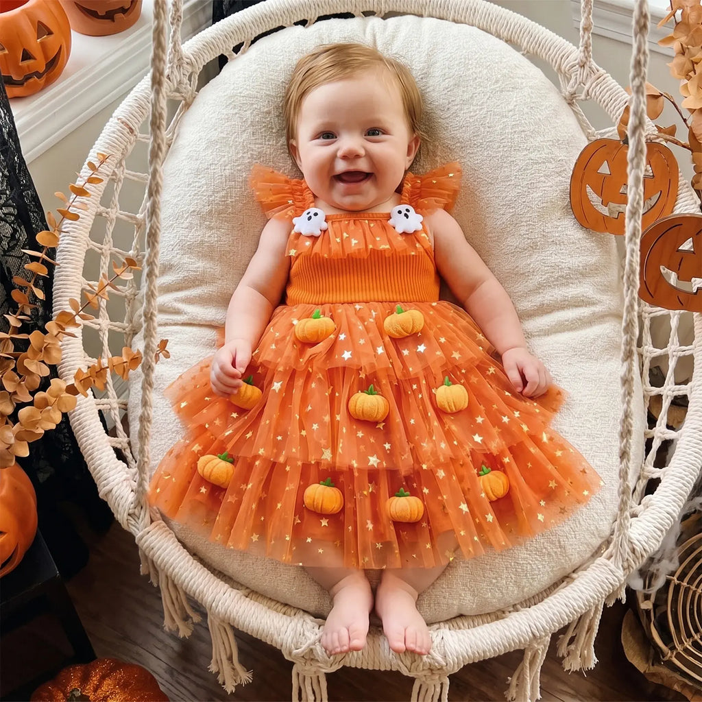 Baby Girls Halloween Pumpkin Ghost Tulle Dress – 3D Stuffed Pumpkin Tiered Princess Dress, Flying Sleeve Toddler Halloween Party Costume (12M–6Y)