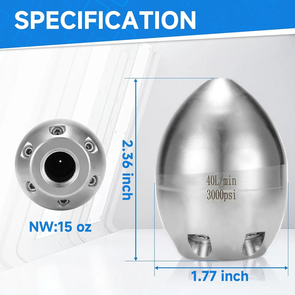 3/8" NPT Sewer Jetter Nozzle – 7 Jet Stainless Steel Pressure Washer Drain Cleaning Nozzle, 3000 PSI, 40L/Min