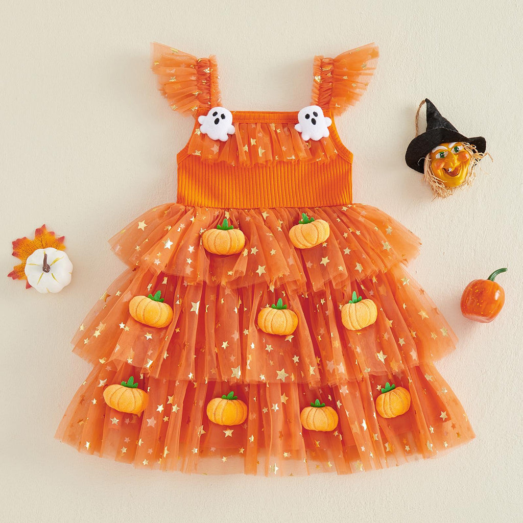 Baby Girls Halloween Pumpkin Ghost Tulle Dress – 3D Stuffed Pumpkin Tiered Princess Dress, Flying Sleeve Toddler Halloween Party Costume (12M–6Y)