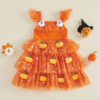 Baby Girls Halloween Pumpkin Ghost Tulle Dress – 3D Stuffed Pumpkin Tiered Princess Dress, Flying Sleeve Toddler Halloween Party Costume (12M–6Y)