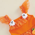 Baby Girls Halloween Pumpkin Ghost Tulle Dress – 3D Stuffed Pumpkin Tiered Princess Dress, Flying Sleeve Toddler Halloween Party Costume (12M–6Y)
