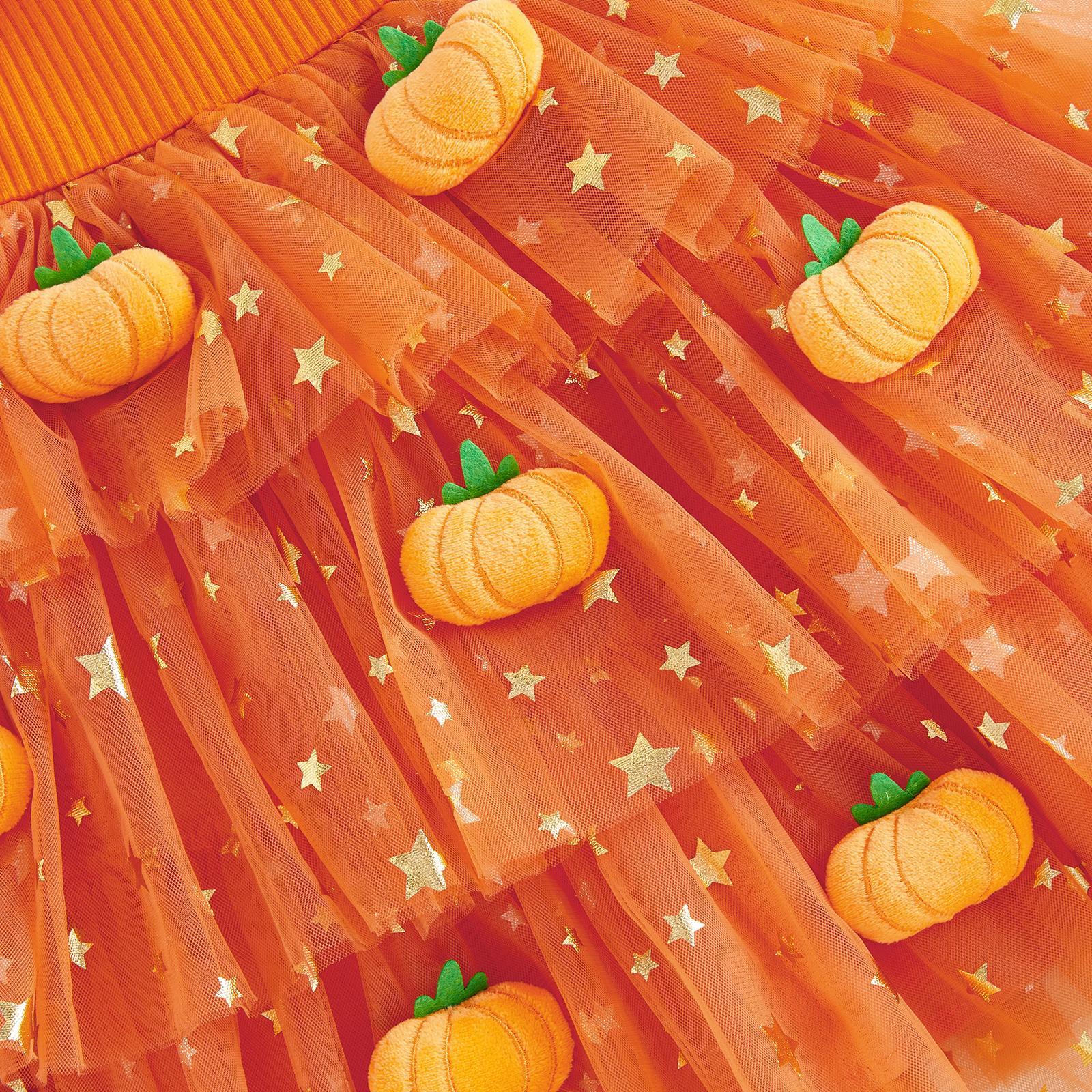 Baby Girls Halloween Pumpkin Ghost Tulle Dress – 3D Stuffed Pumpkin Tiered Princess Dress, Flying Sleeve Toddler Halloween Party Costume (12M–6Y)