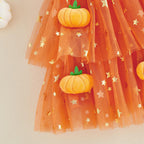 Baby Girls Halloween Pumpkin Ghost Tulle Dress – 3D Stuffed Pumpkin Tiered Princess Dress, Flying Sleeve Toddler Halloween Party Costume (12M–6Y)