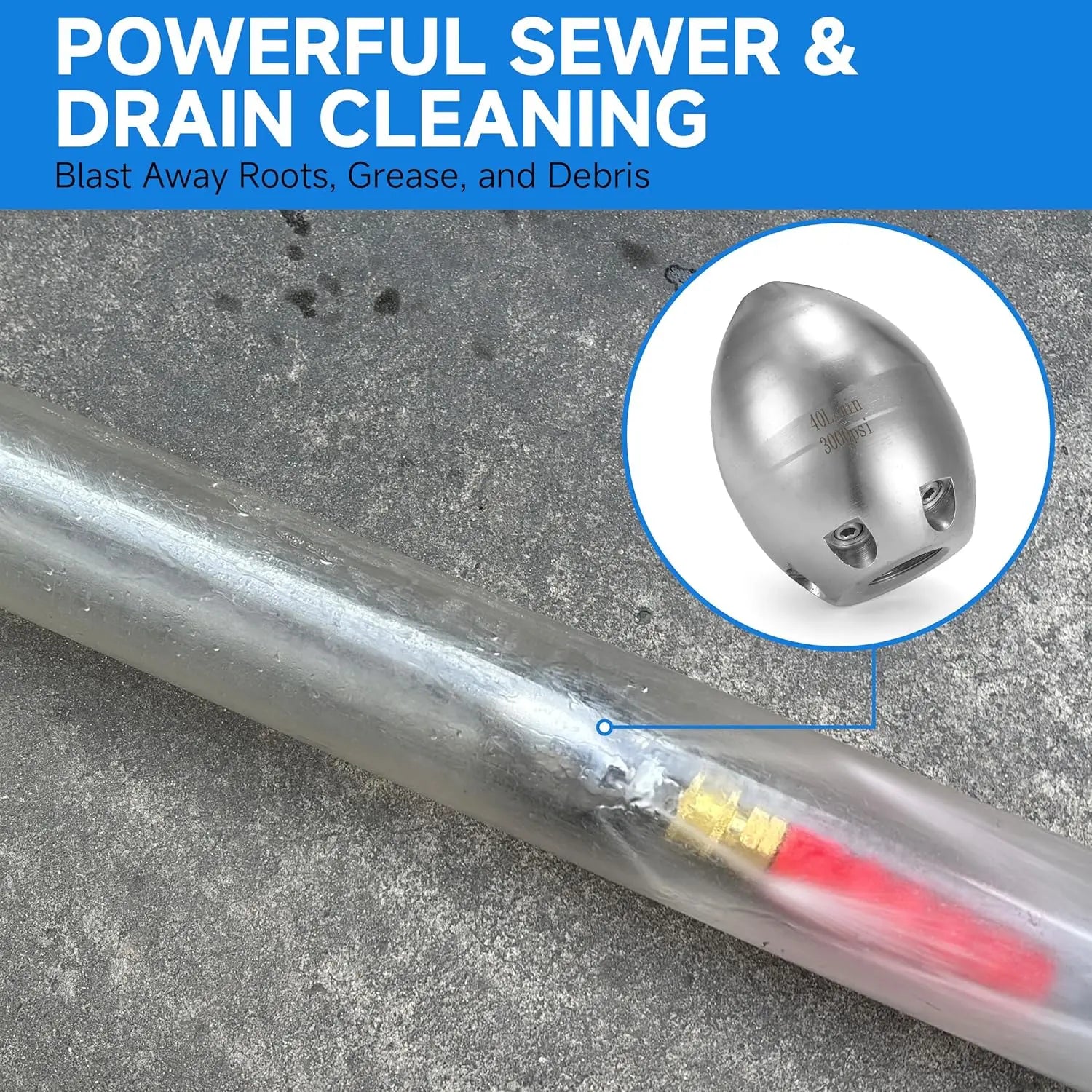 3/8" NPT Sewer Jetter Nozzle – 7 Jet Stainless Steel Pressure Washer Drain Cleaning Nozzle, 3000 PSI, 40L/Min