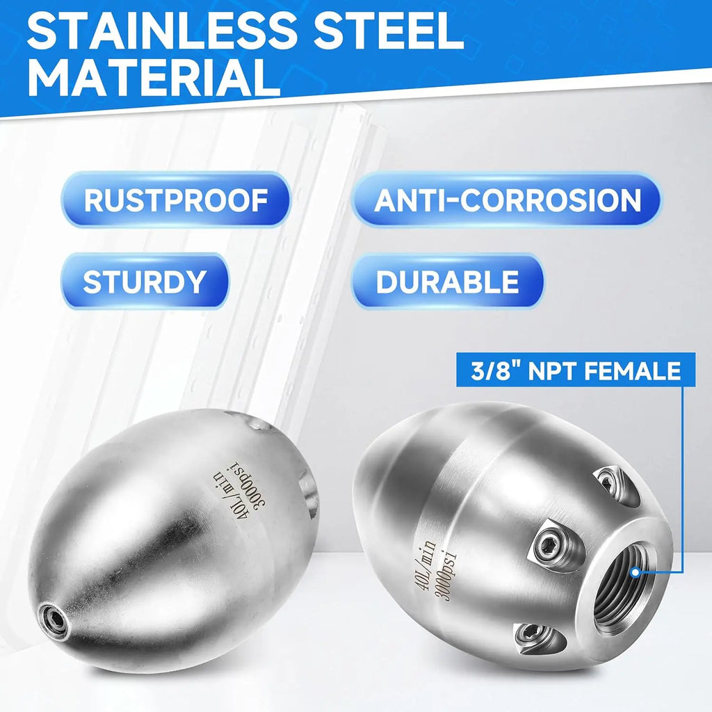 3/8" NPT Sewer Jetter Nozzle – 7 Jet Stainless Steel Pressure Washer Drain Cleaning Nozzle, 3000 PSI, 40L/Min