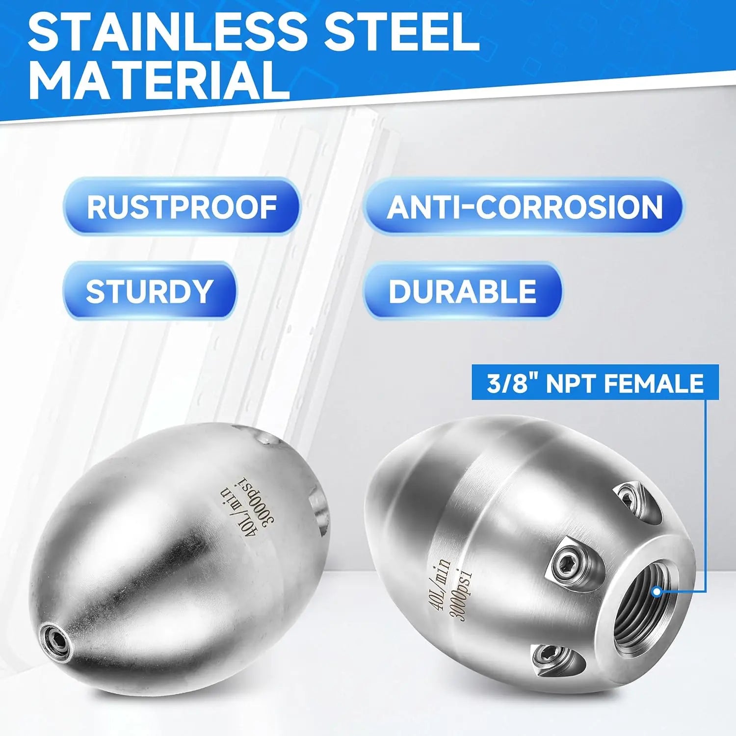 3/8" NPT Sewer Jetter Nozzle – 7 Jet Stainless Steel Pressure Washer Drain Cleaning Nozzle, 3000 PSI, 40L/Min