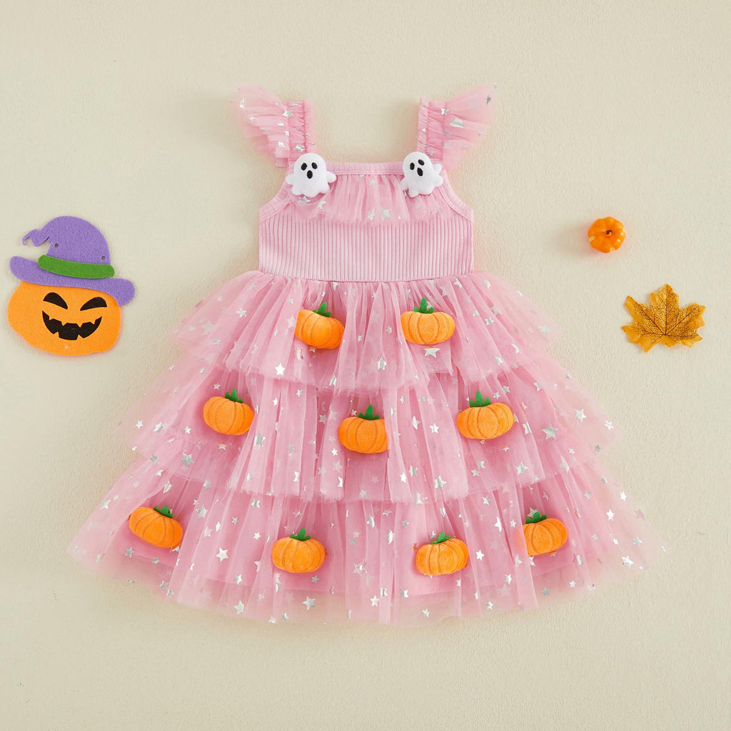 Baby Girls Halloween Pumpkin Ghost Tulle Dress – 3D Stuffed Pumpkin Tiered Princess Dress, Flying Sleeve Toddler Halloween Party Costume (12M–6Y)