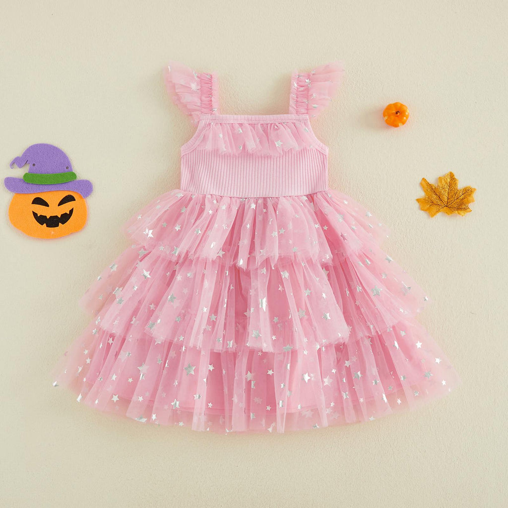 Baby Girls Halloween Pumpkin Ghost Tulle Dress – 3D Stuffed Pumpkin Tiered Princess Dress, Flying Sleeve Toddler Halloween Party Costume (12M–6Y)