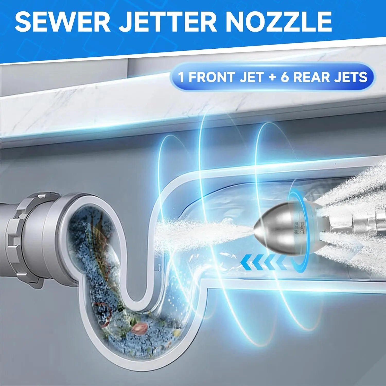 3/8" NPT Sewer Jetter Nozzle – 7 Jet Stainless Steel Pressure Washer Drain Cleaning Nozzle, 3000 PSI, 40L/Min
