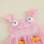 Baby Girls Halloween Pumpkin Ghost Tulle Dress – 3D Stuffed Pumpkin Tiered Princess Dress, Flying Sleeve Toddler Halloween Party Costume (12M–6Y)