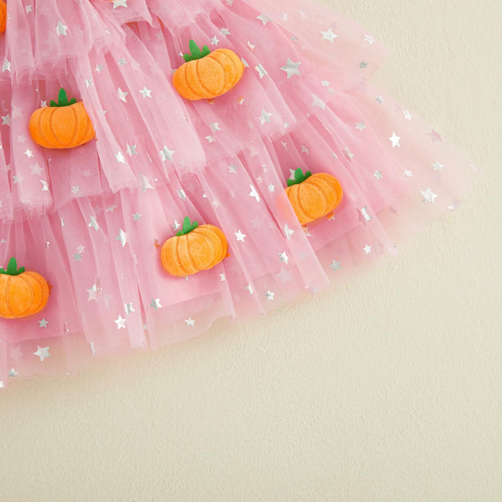 Baby Girls Halloween Pumpkin Ghost Tulle Dress – 3D Stuffed Pumpkin Tiered Princess Dress, Flying Sleeve Toddler Halloween Party Costume (12M–6Y)
