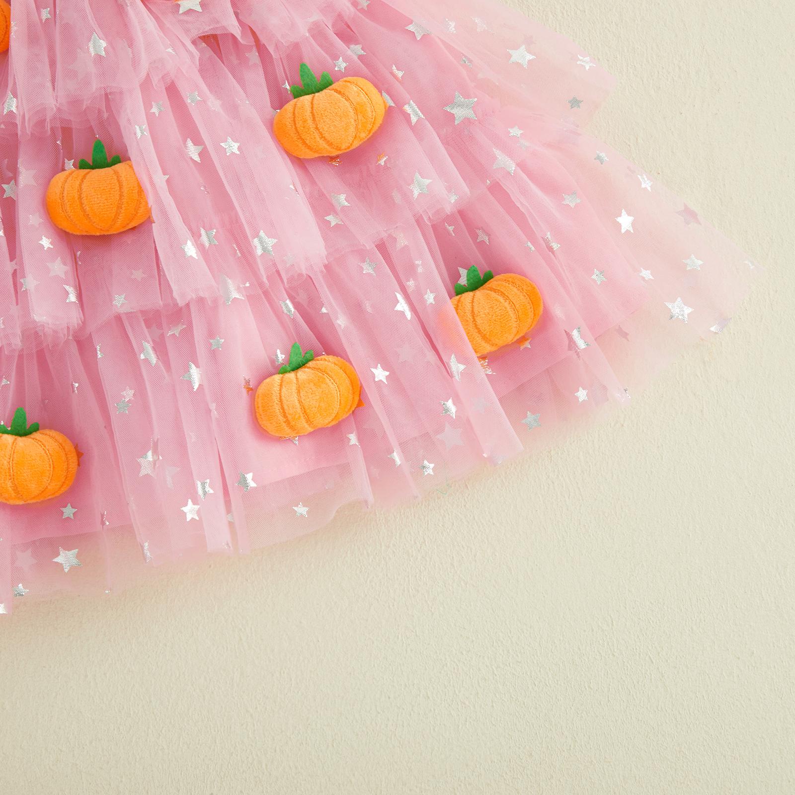 Baby Girls Halloween Pumpkin Ghost Tulle Dress – 3D Stuffed Pumpkin Tiered Princess Dress, Flying Sleeve Toddler Halloween Party Costume (12M–6Y)