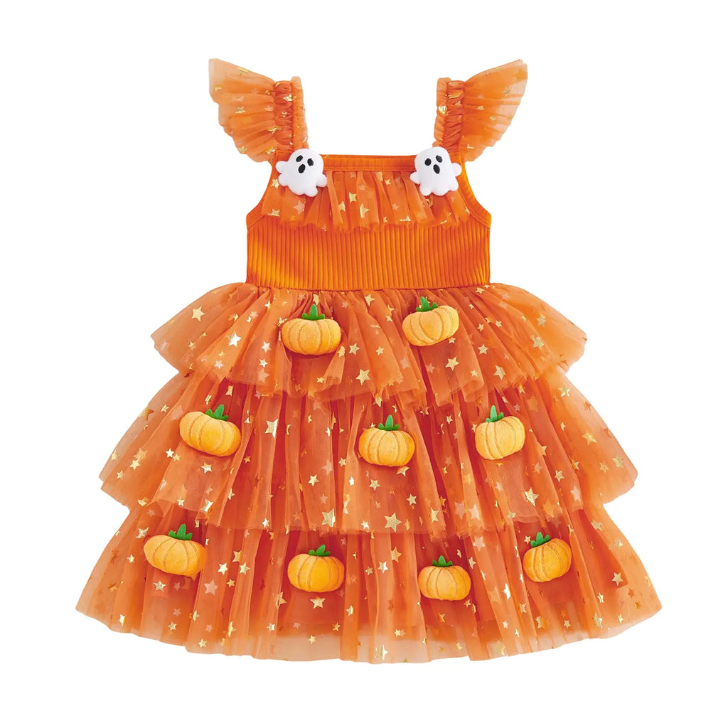 Baby Girls Halloween Pumpkin Ghost Tulle Dress – 3D Stuffed Pumpkin Tiered Princess Dress, Flying Sleeve Toddler Halloween Party Costume (12M–6Y)