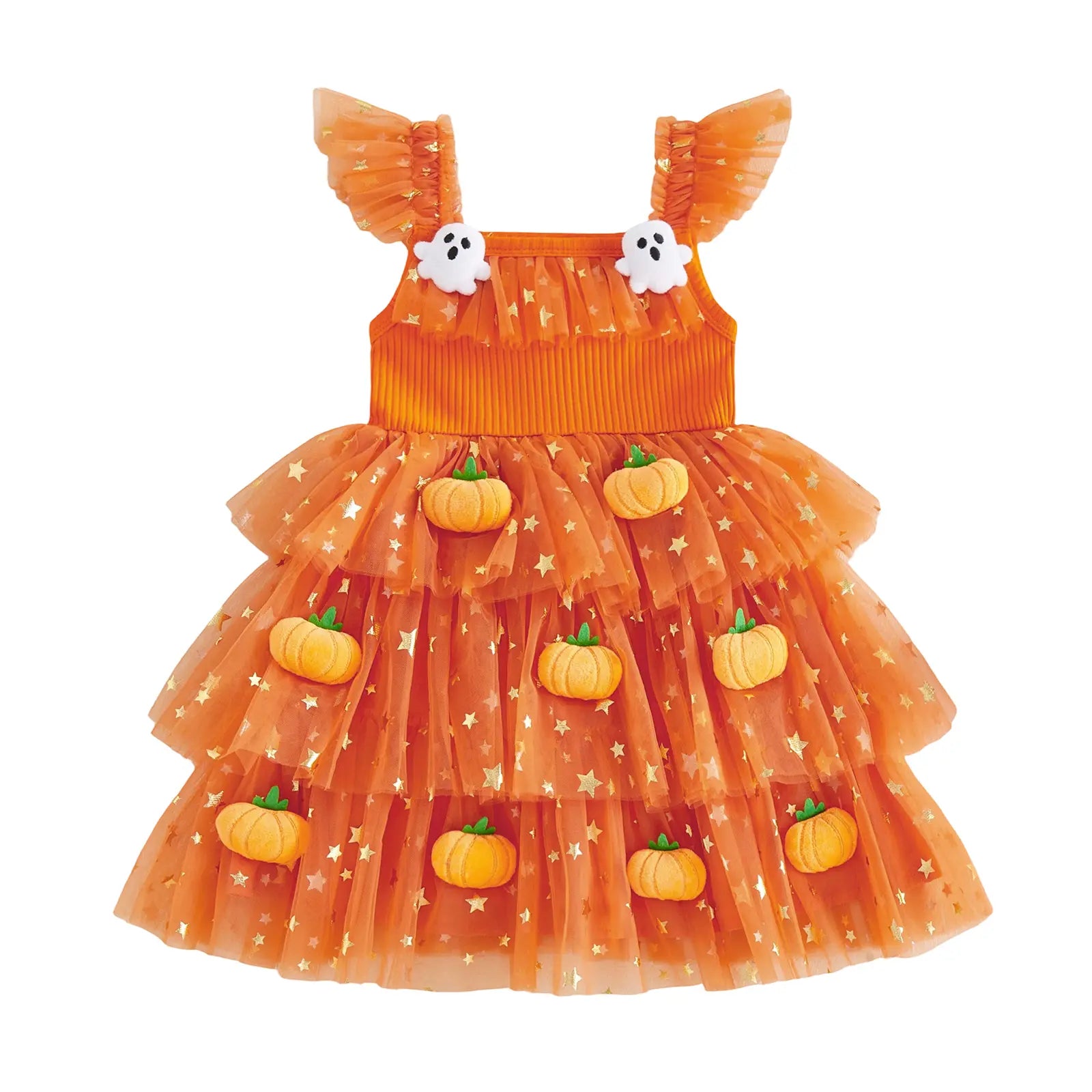 Baby Girls Halloween Pumpkin Ghost Tulle Dress – 3D Stuffed Pumpkin Tiered Princess Dress, Flying Sleeve Toddler Halloween Party Costume (12M–6Y)