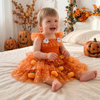 Baby Girls Halloween Pumpkin Ghost Tulle Dress – 3D Stuffed Pumpkin Tiered Princess Dress, Flying Sleeve Toddler Halloween Party Costume (12M–6Y)