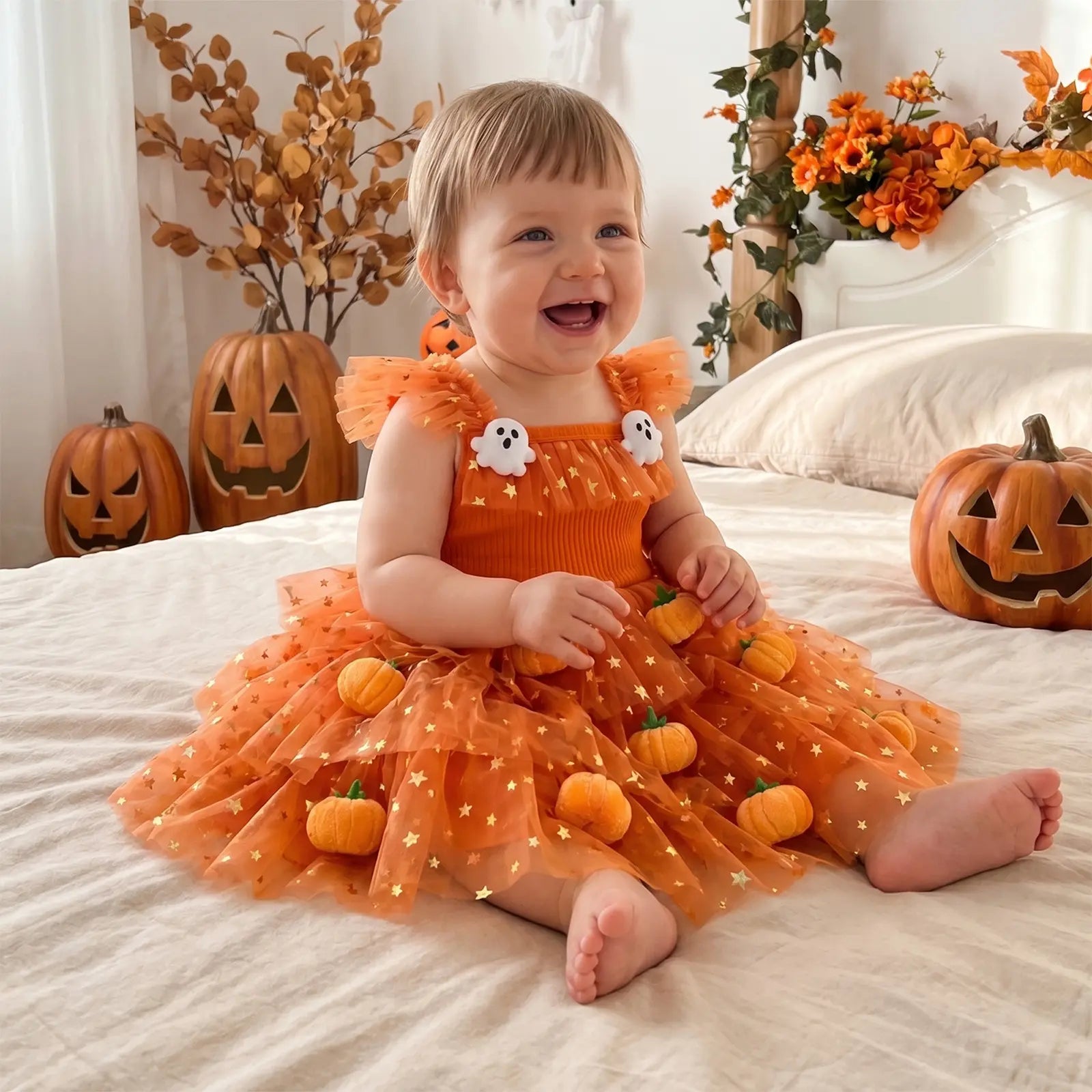 Baby Girls Halloween Pumpkin Ghost Tulle Dress – 3D Stuffed Pumpkin Tiered Princess Dress, Flying Sleeve Toddler Halloween Party Costume (12M–6Y)