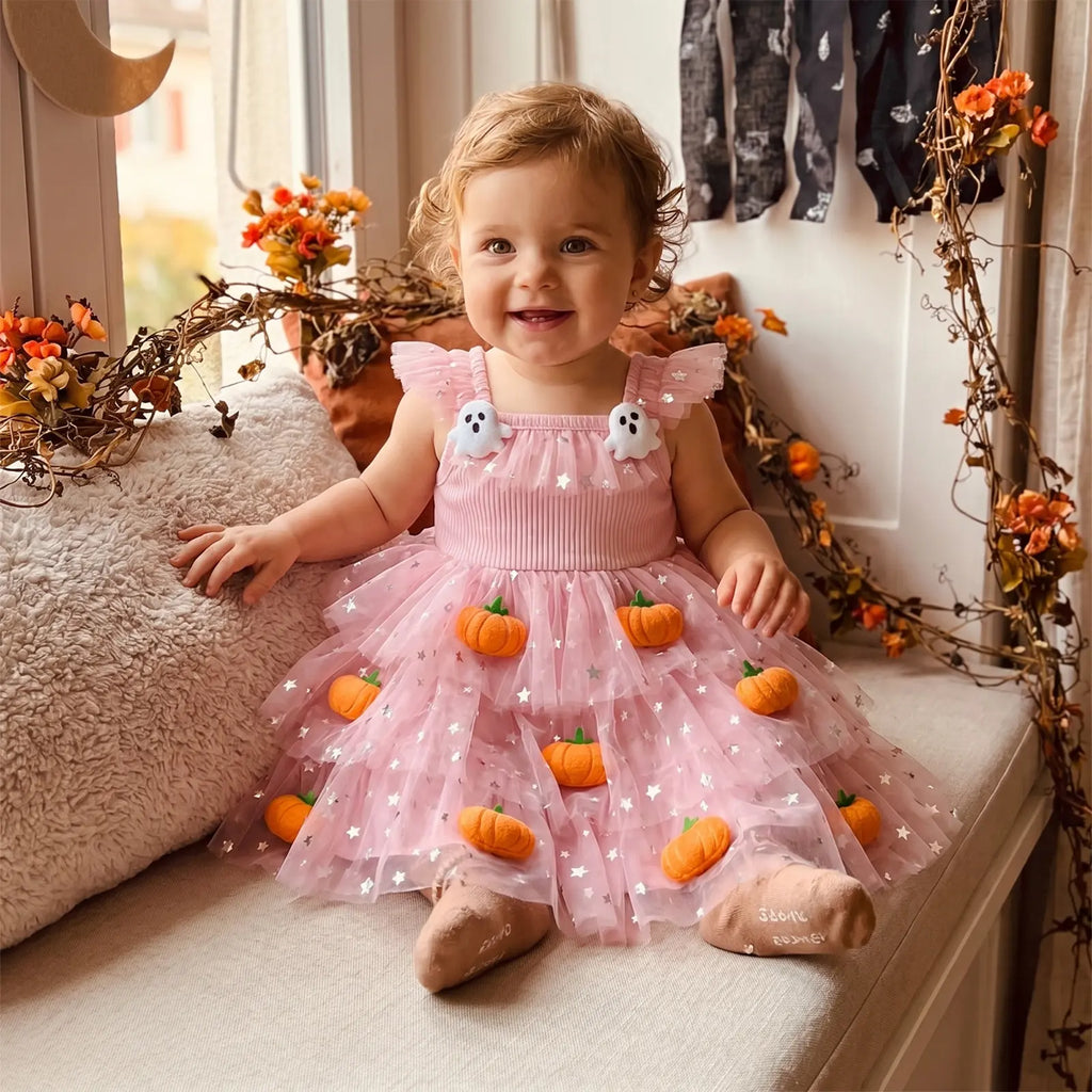 Baby Girls Halloween Pumpkin Ghost Tulle Dress – 3D Stuffed Pumpkin Tiered Princess Dress, Flying Sleeve Toddler Halloween Party Costume (12M–6Y)