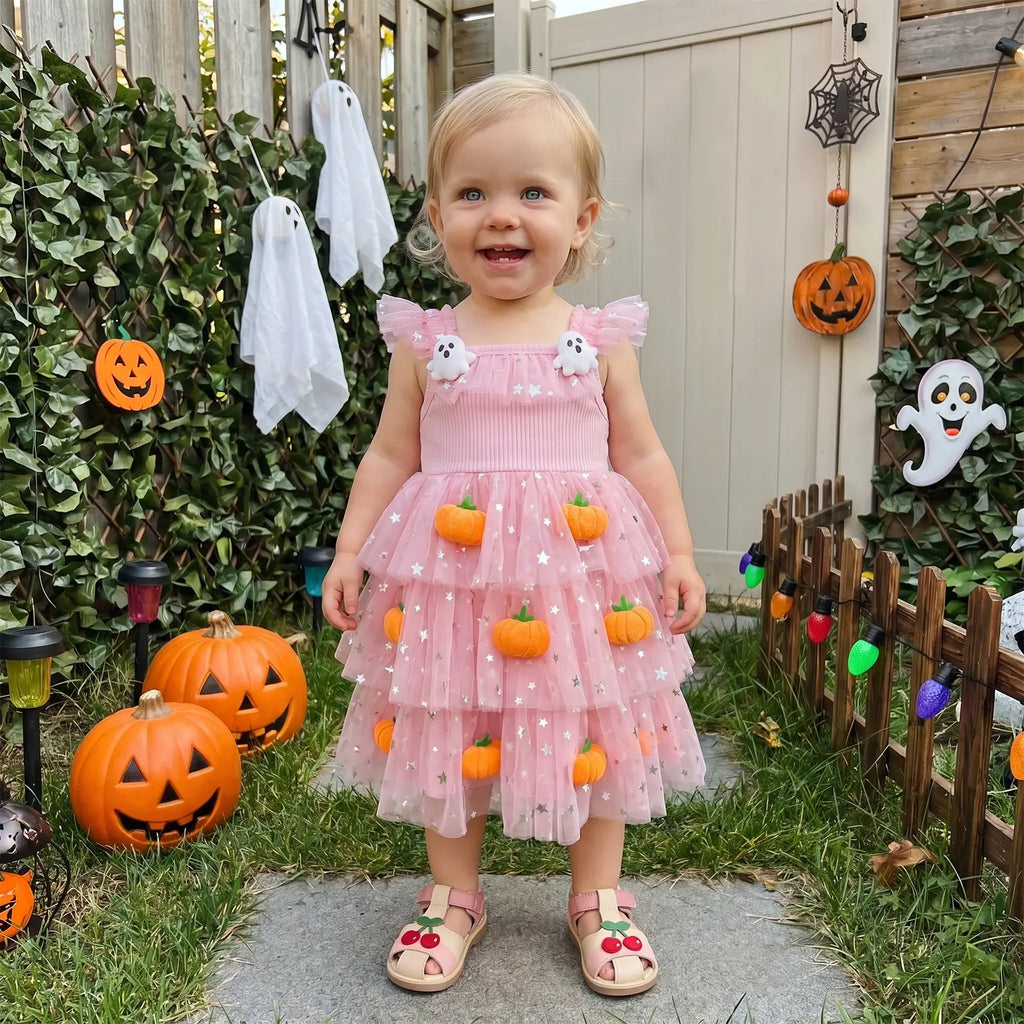 Baby Girls Halloween Pumpkin Ghost Tulle Dress – 3D Stuffed Pumpkin Tiered Princess Dress, Flying Sleeve Toddler Halloween Party Costume (12M–6Y)