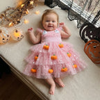 Baby Girls Halloween Pumpkin Ghost Tulle Dress – 3D Stuffed Pumpkin Tiered Princess Dress, Flying Sleeve Toddler Halloween Party Costume (12M–6Y)