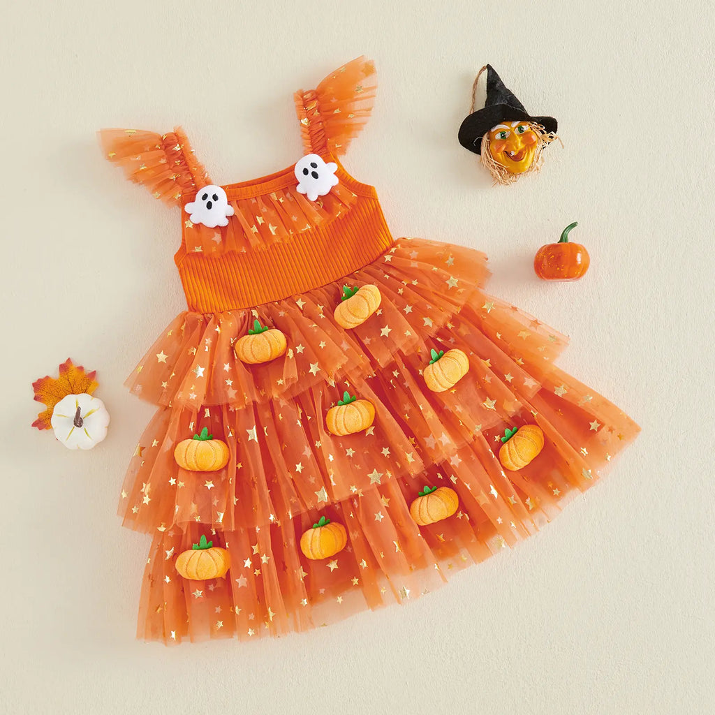 Baby Girls Halloween Pumpkin Ghost Tulle Dress – 3D Stuffed Pumpkin Tiered Princess Dress, Flying Sleeve Toddler Halloween Party Costume (12M–6Y)