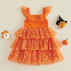 Baby Girls Halloween Pumpkin Ghost Tulle Dress – 3D Stuffed Pumpkin Tiered Princess Dress, Flying Sleeve Toddler Halloween Party Costume (12M–6Y)