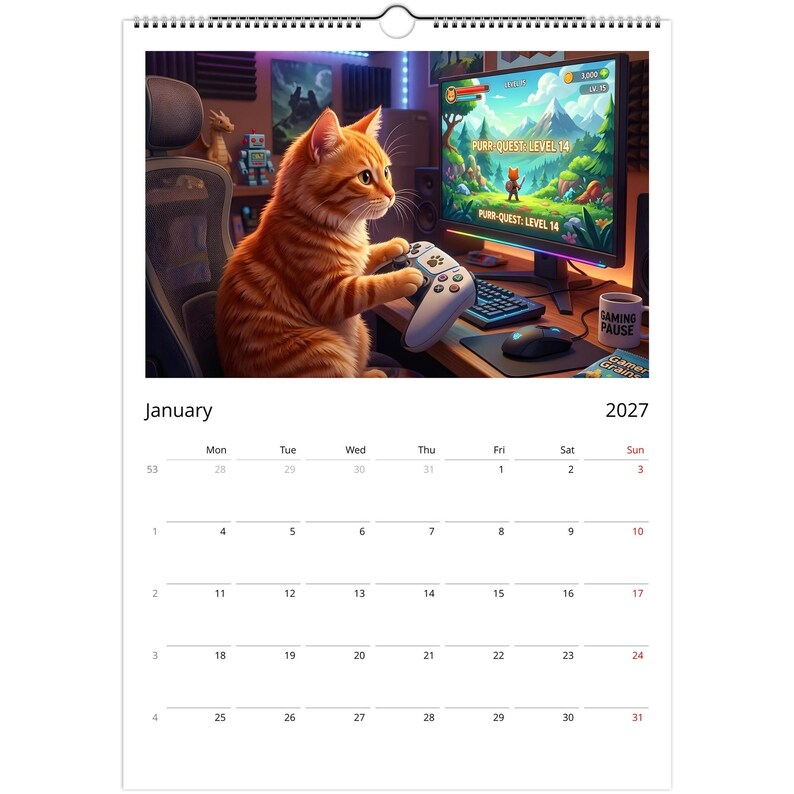 Orange Cat Calendar 2027 - Daily Activities