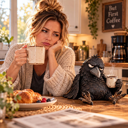 Grumpy Coffee Raven Figurine – Funny Morning Decor