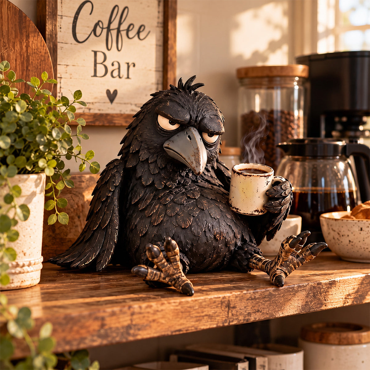Grumpy Coffee Raven Figurine – Funny Morning Decor