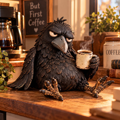 Grumpy Coffee Raven Figurine – Funny Morning Decor