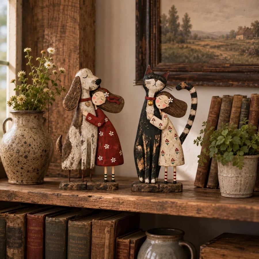💕 Girl & Her Best Friend Folk Art Figurine