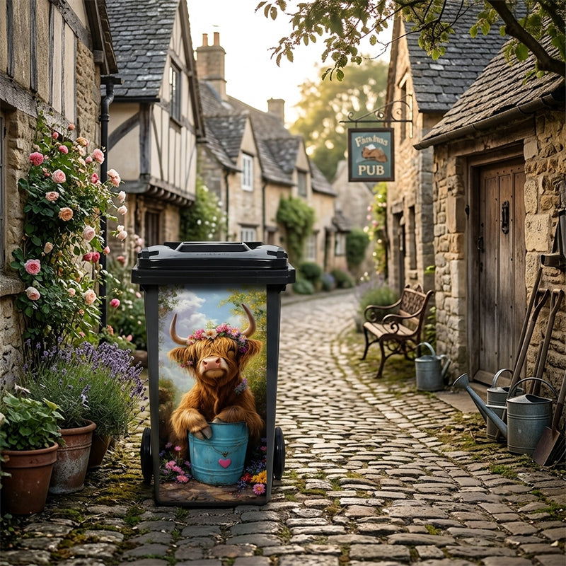 🐮 Highland Cow Floral Trash Can Sticker