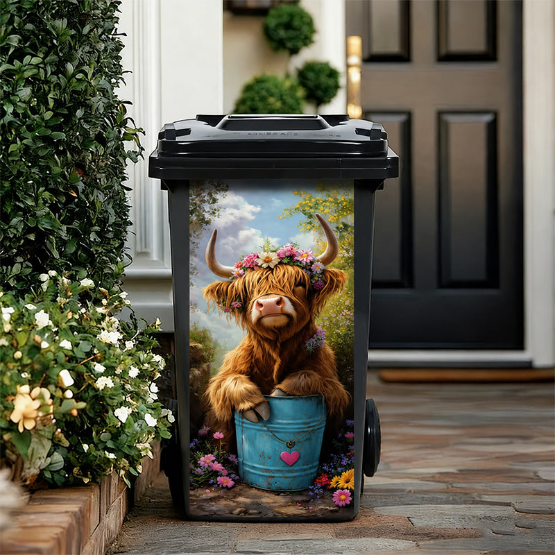 🐮 Highland Cow Floral Print Trash Can Sticker