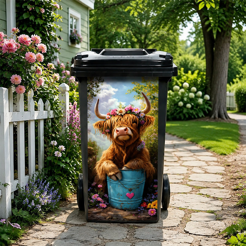 🐮 Highland Cow Floral Print Trash Can Sticker