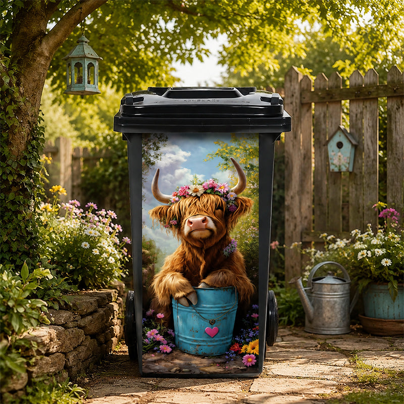 🐮 Highland Cow Floral Print Trash Can Sticker