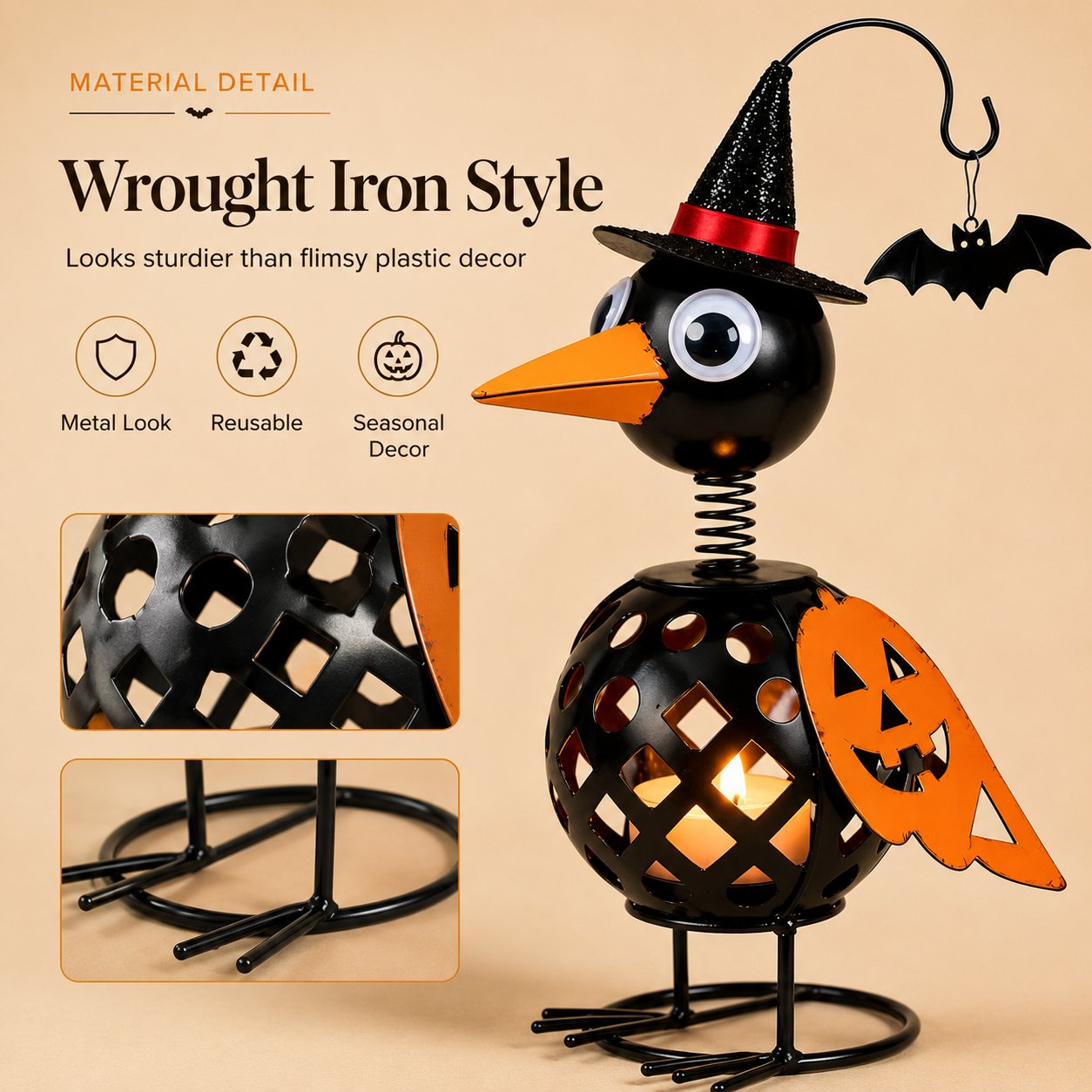 🐦🎃Wrought Iron Crow and Pumpkin Ornament