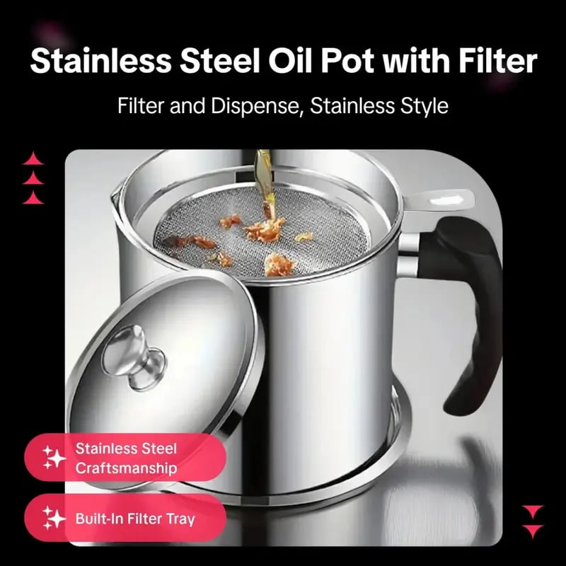 Stainless Steel Cooking Oil & Bacon Grease Container with Strainer