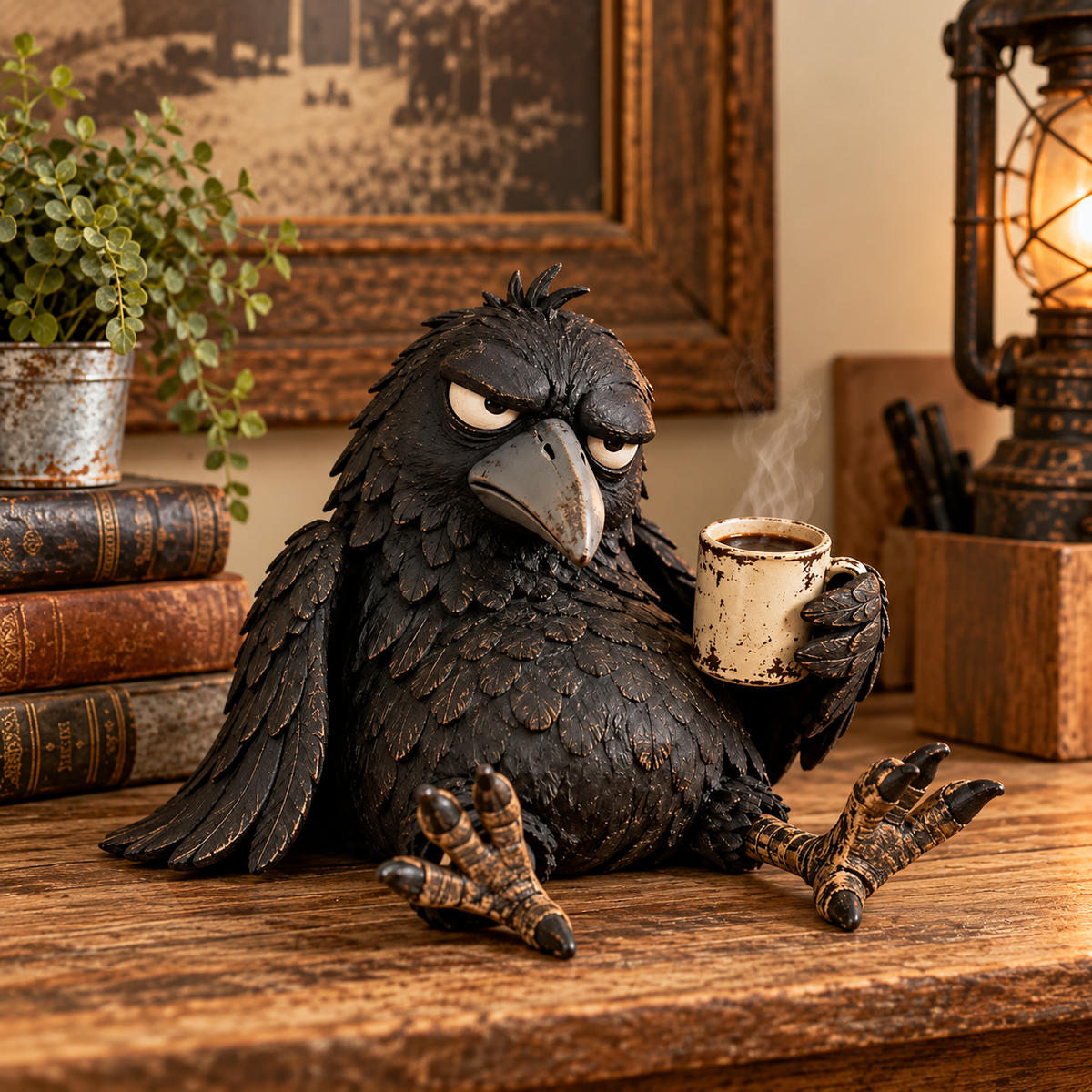 Grumpy Coffee Raven Figurine – Funny Morning Decor