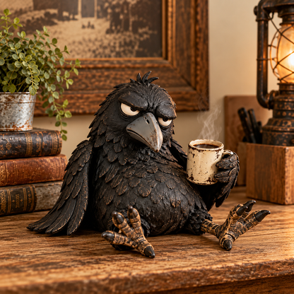 Grumpy Coffee Raven Figurine – Funny Morning Decor