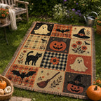 Halloween Patchwork Woven Throw Blanket with Tassels