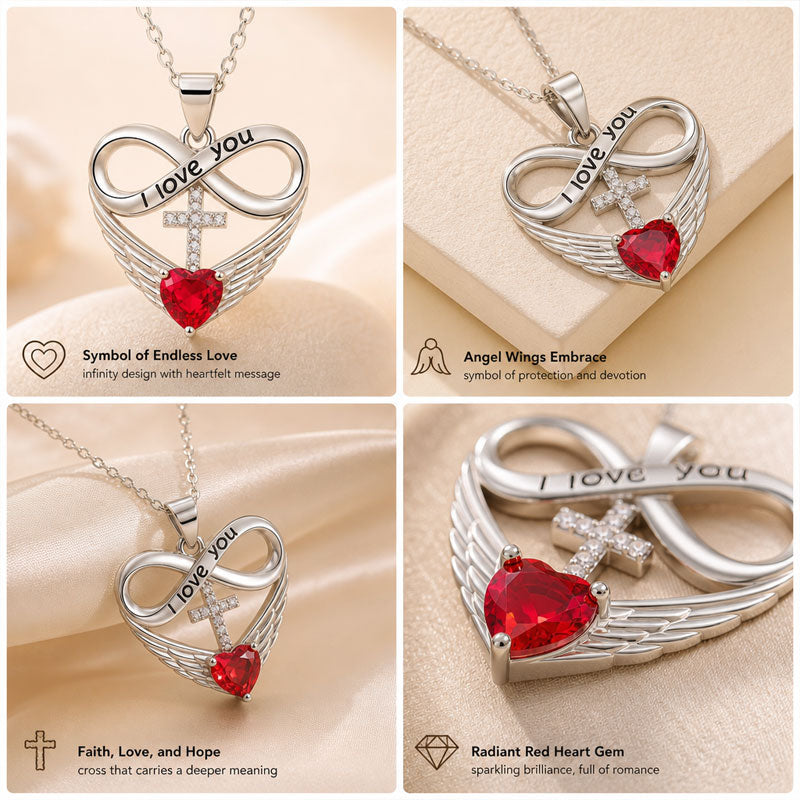 I Love You Forever Heart Angel Wing Cross Necklace