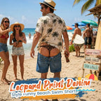 😄Funny Leopard‐Print Fake Denim Swim Shorts | Novelty Illusion Beach Trunks