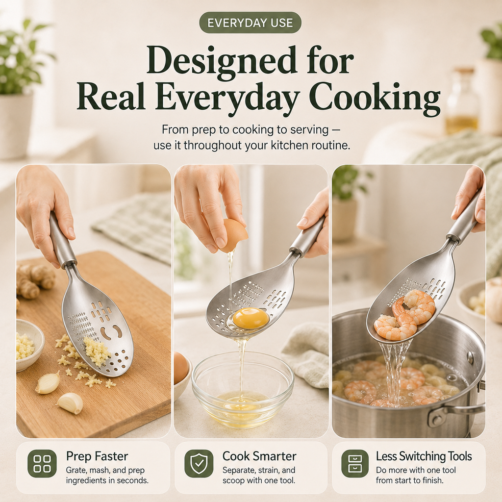 🥄 All-in-One Stainless Steel Kitchen Spoon | Grate, Strain, Mash & More