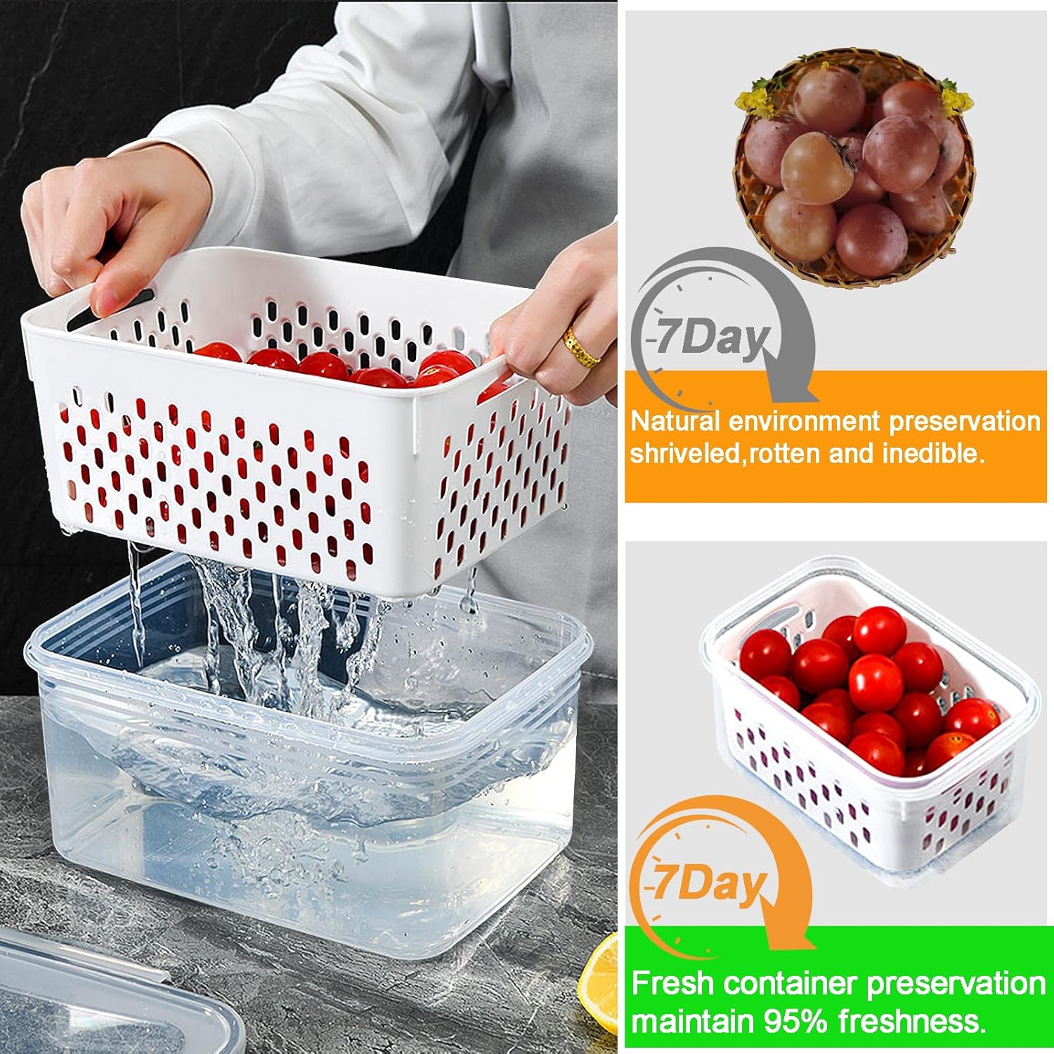Fruit Storage Containers for Fridge with Removable Colander