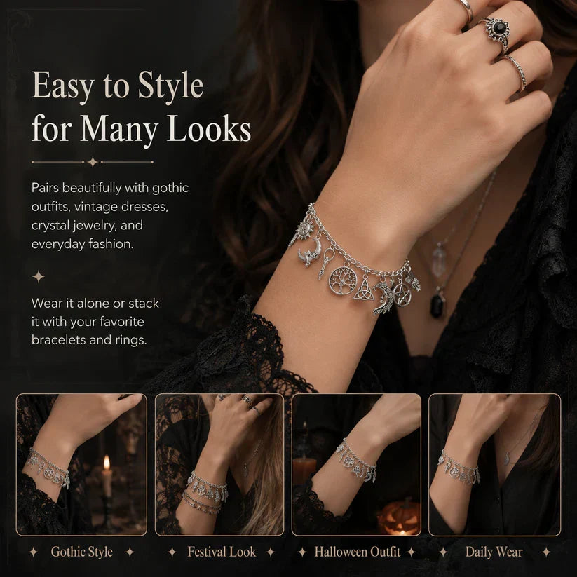 Vintage Witchy Charm Bracelet for Women – Celestial Gothic Boho Jewelry