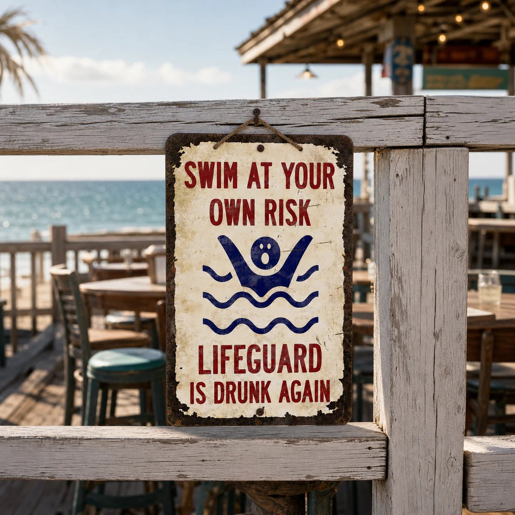 Vintage "Lifeguard Is Drunk Again" Pool Sign – Funny Metal Pool Wall Decor 😂🍻