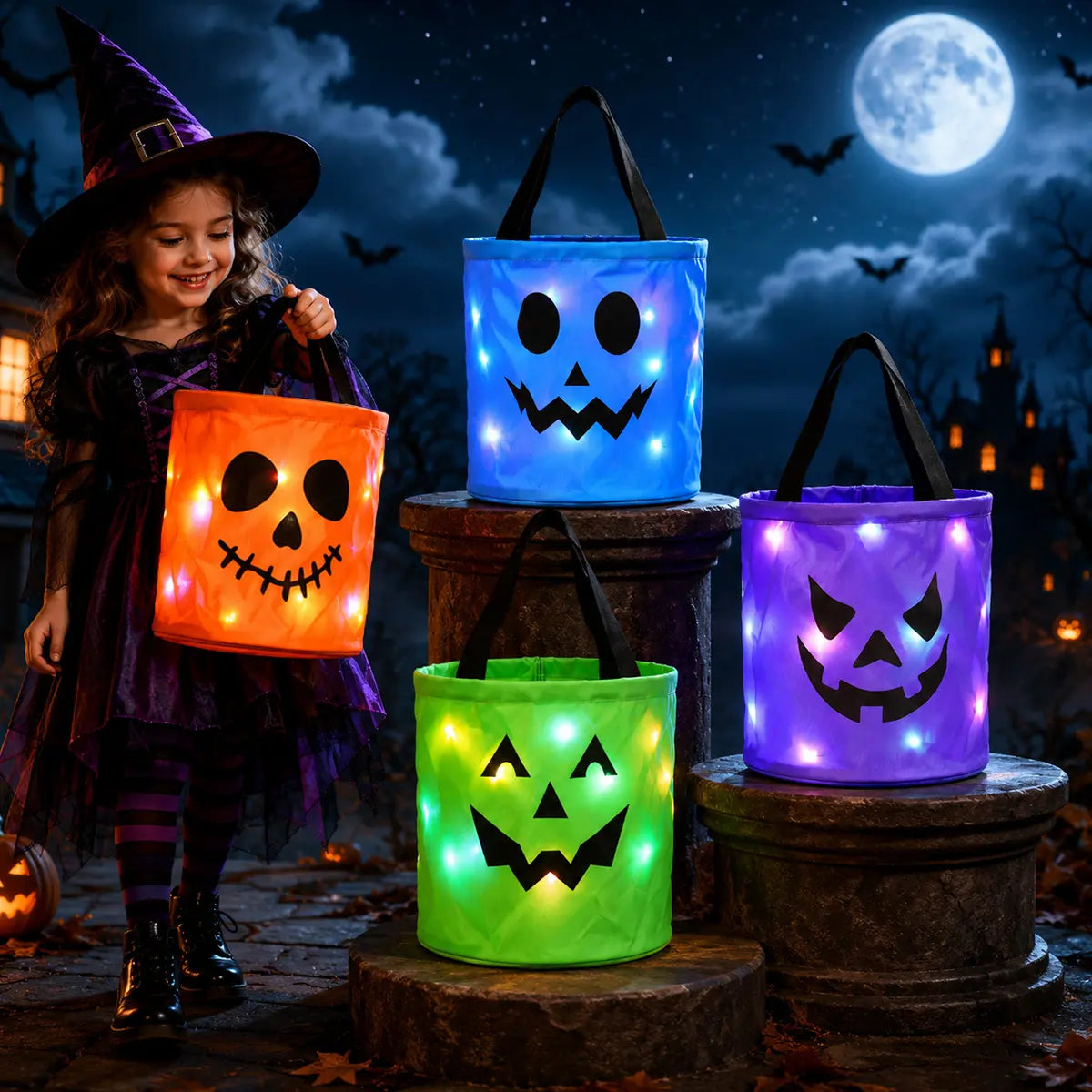 Glow-in-the-Dark Halloween Candy Buckets - LED Trick-or-Treat Bag