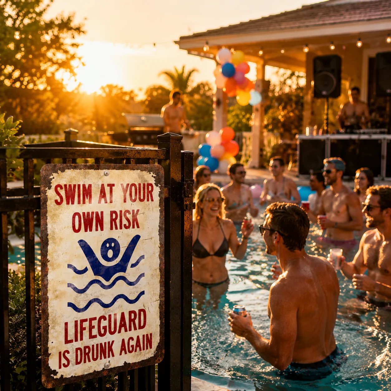 Vintage "Lifeguard Is Drunk Again" Pool Sign – Funny Metal Pool Wall Decor 😂🍻
